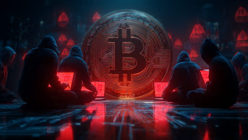 Dark side of Bitcoin and cryptocurrency crimes illustration with hacker and digital coin
